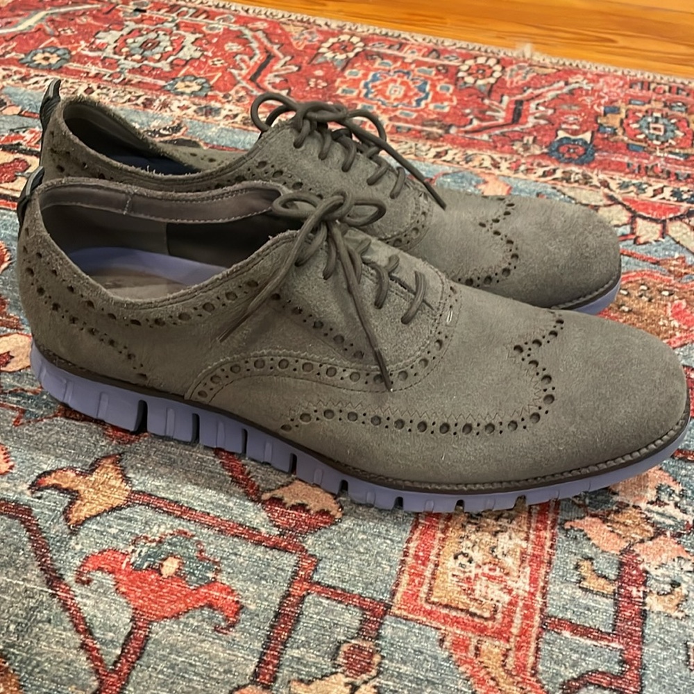 Cole Haan 11.5 Medium ZeroGrand Wingtip Oxford Shoes Gray Suede Blue Sole